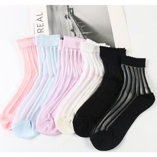 DONG AI 6 pairs transparent nylon socks new fashion striped cotton glass soft spring and summer womens socks breathable