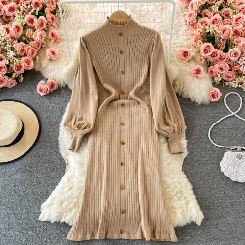 Single-breasted Casual Woman Warm Knitted Sweater Dress Women Winter Thick Solid Jumper Dresses New Pollover 2021 Korean Bodycon