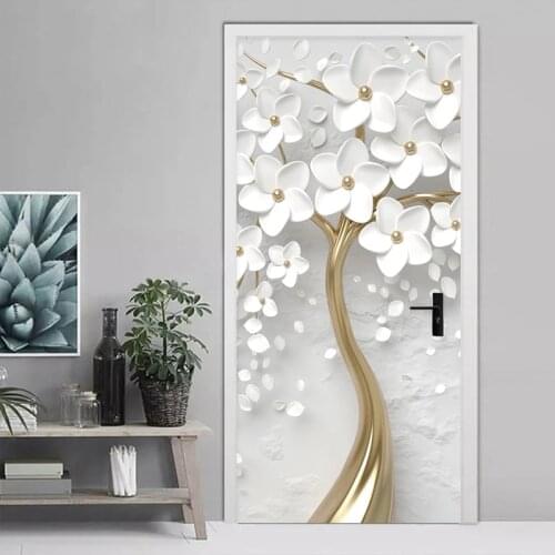 Self-Adhesive Door Sticker 3D Stereo White Flowers Mural Wallpaper Living Room Bedroom Home Decor Door Poster Waterproof Sticker
