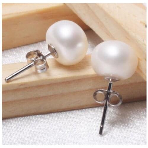 Perfect Cultured Pearl Jewelry AAA 9-10MM White Color Off-Round Freshwater Pearl Earrings Silver Stud Earring