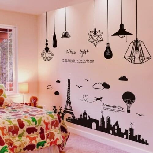 [SHIJUEHEZI] Black Chandelier Lights Wall Sticker DIY Tower Buildings Wall Decals for Living Room Bedroom Home Decoration
