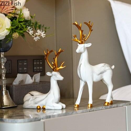 Nordic Marble Texture Deer Statue Cute Animal Resin Figurines Desk Decor Crafts Ornaments Sculpture Living Room Decoration