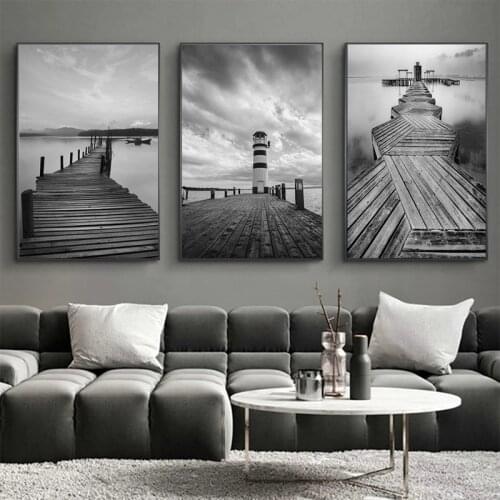 Modern art canvas painting gray lighthouse and wooden bridge landscape posters and prints wall print canvas home decor gifts