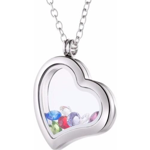 Timesbrother Heart Clear Glass 316 Stainless Steel Magnetic Floating 7 Color Stone Charms Pendant Necklace