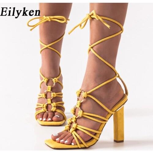 Eilyken Women High Heels Strappy Shoes Square Head Female Fall Street Pumps Fashion Narrow Band Metal Decoration Sandals Size 42