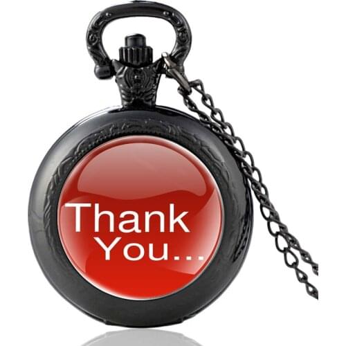 Unique Thank You Design Black Vintage Quartz Pocket Watch Men Women Charm Pendant Necklace Hours Clock Gifts