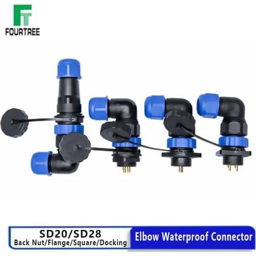 Elbow Waterproof Connector IP68 Wire Cable Connection Male Plug & Female Socket Aviation Docking/Back Nut/Flange/Square SD20/28