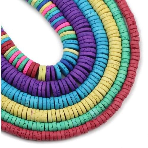 Flat Round COIN Spacer beads Red Green Blue Pink 4 6 8mm Natural Volcanics Lava Stoen Loose Bead for Jewelry Bracelet Making DIY