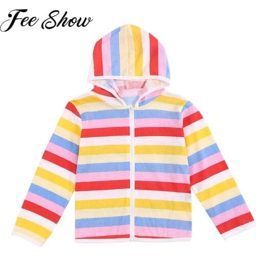 Colorful Toddler Girls Boys Cotton Outerwear Coats Hooded Hoodie Long Sleeves Front Zipper Stripes Print Coat Summer Casual Wear