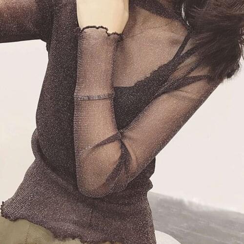 Womens Spring Basic See Through Mesh Bottoming Shirt Hollow Out Lace Snowflake Stripes Glitter Pullover Tops Mock Neck Slim Long