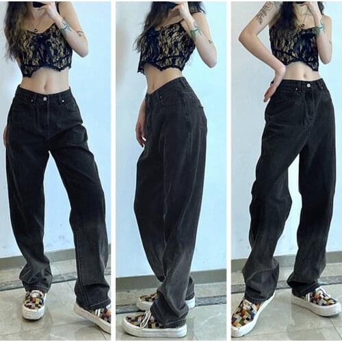 2021 New Womens Denim Pants, Middle-Waist Trousers, Gradient Color Party Dance Club Loose Fall Running Side Pocket Bottoms