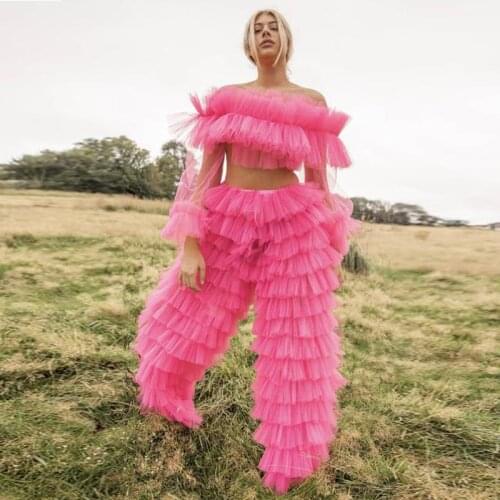 Chic 2 Pieces Women Sets Short Top And Ruffles Tiered Long Pants See Thru Full Sleeves Women Clothing