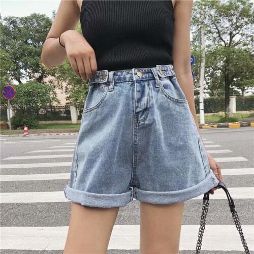 SHNSOPHI Summer Women Vintage High Waist Blue Denim Shorts Casual Button Female Solid Color Wide Leg Loose Gray Jeans Shorts New