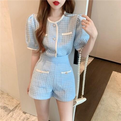 New Summer Elegant Women Blue Shorts Set Fashion Puff Sleeve Single Breasted White Plaid Top High Waist Shorts 2 Piece Sets
