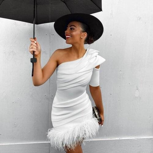 2020 New Arrival Elegant White One Shoulder Sexy Summer Bandage Dress Bodycon Feathers Fashion Mini Club Runway Party Vestidos