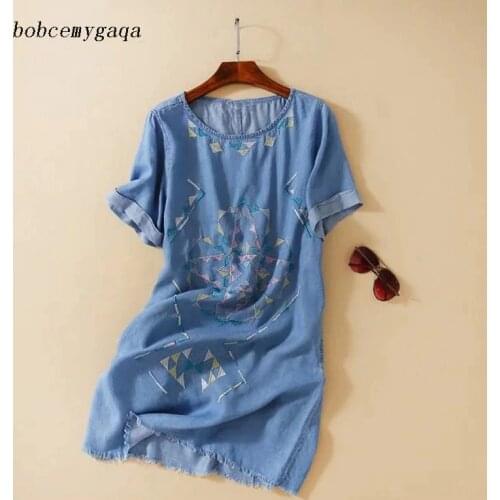 Summer Embroidery Denim Fringe Dress Women Blue O Neck Short Sleeves Straight Tassel Soft Jeans Dress Casual vestido tunic Dress