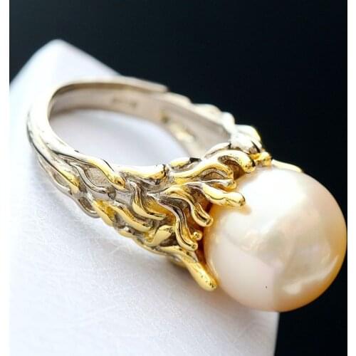 Retro Thai Silver Wholesale Inlaid Natural Big Pearl Silver Ring Hip-Hop Style S925 Sterling Silver Female Open Ended Ring