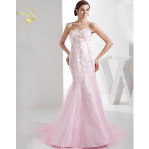 Pink Strapless Mermaid Evening Dresses Court Train Tulle Lace Appliques Beaded Womens Formal Party Gowns On Sale Free Shipping