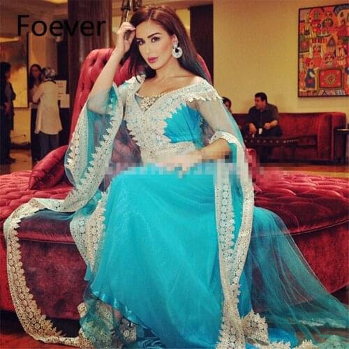 Robe de soiree 2019 Aso Ebi Style Abaya Dubai Kaftans Caftan Full sleeve Appliques Tulle Blue Evening dress for women