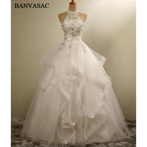 BANVASAC 2017 New Elegant Crystals Flowers Halter Wedding Dresses Sleeveless Satin Off the Shoulder Lace Bridal Ball Gowns