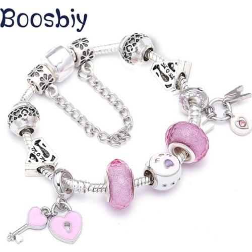 Boosbiy Silver Color Charm Bracelets With Heart Key Pendants Bracelet for Women Fit Brand Bracelet For Mothers Day Gift