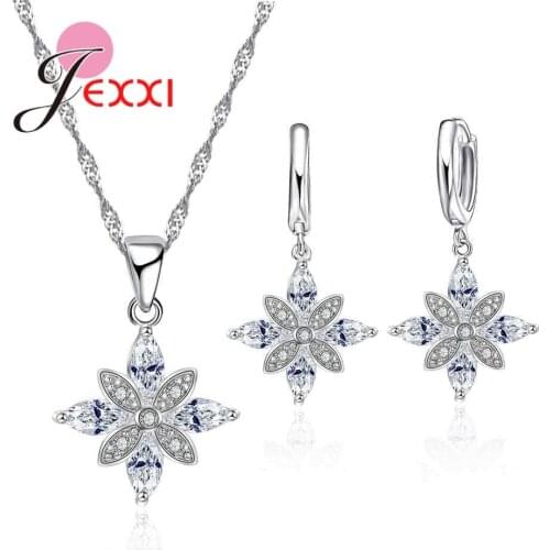 Solid 925 Sterling Silver CZ Crystal Flower Pendant Necklace Drop Earring For Woman Party Jewelry Wedding Set Hot Sale