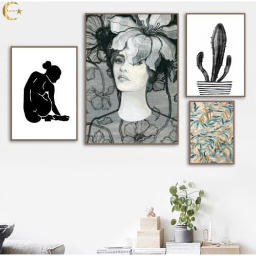 Flower Cactus Deer Girl Silhouette Nordic Canvas Posters and Prints Wall Art Canvas Painting Wall Pictures for Living Room Decor