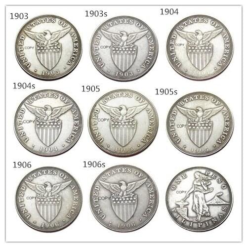 PHILIPPINES A set of (1903-1906)-P-S 8pcs 1 Peso Crown Silver Plated copy coins