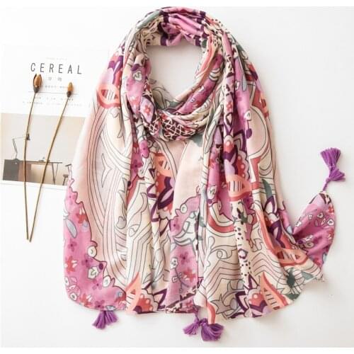 Fashion Spain Luxury Brand African Purple Floral Tassel Viscose Shawl Scarf Head Wraps Pashmina Stole Muslim Hijab 180*100 Cm