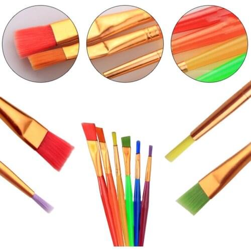 6pcs/Set Tip Flat Child Paint Brushes Colorful Plastic Handle Nylon Paint Brushes Set Drawing Art Supplies DIY Craft