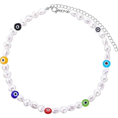 Imitation Pearls Beaded Necklace for Women Candy Color Eye Charm Necklaces Female Clavicle Chain Short 2021 Fashion Jewelry