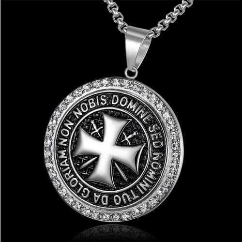 Vintage Knights Templar Pendant Iron Cross Mens Necklace 24Inch Chain Biker Maltese Cross Rhinestone Necklace Punk Jewelry