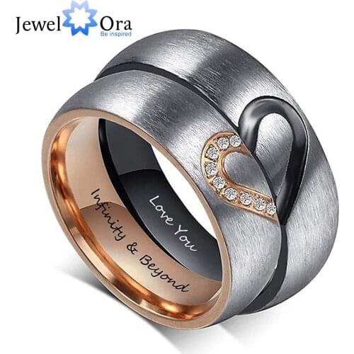 Personalized Heart Couple Rings with Zirconia Custom Inside Engraving Wedding Engagement Rings for Women Men Promise Gift