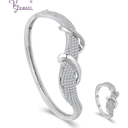 Engagement Gifts Copper Latest Style Jewelry Sets For Woman White Zircon White color Bracelet&Ring