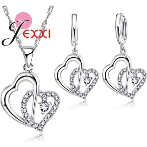 Luxury Bridal Wedding Jewelry Set For Women Double Heart CZ Crystal Necklace Earrings Engagement Jewellery Set Band