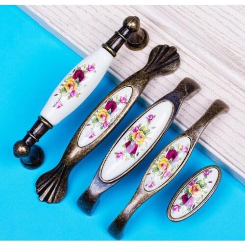 Antique Furniture Handles Vintage Drawer Pulls Ceramic Door Handles Chinese Flower Knobs and Handles for Cupboard Cabinet