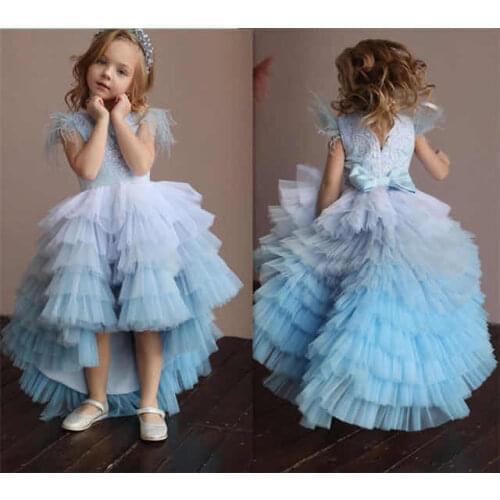 Light Blue Puffy Girls Dress Ball Gowns Girls Princess Lace Applique Feather Cap Shade Blue Tiered Birthday Dresses Custom