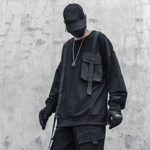 Autumn Sweatshirts Pullover Men Harajuku Ribbons Pocket Hoodies Sweatshirts Cotton Techwear Streetwear Outwear Tops Loose Black