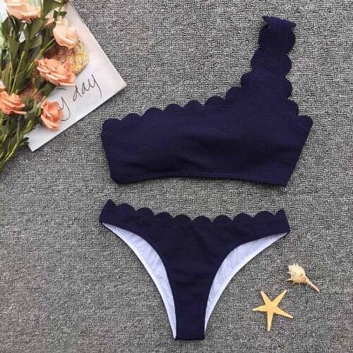 Navy One Shoulder Low-waist Bikinis Set Swimwear Women Swimsuits Bathing Suit 2021 Sexy Scalloped Bikini Beachwear