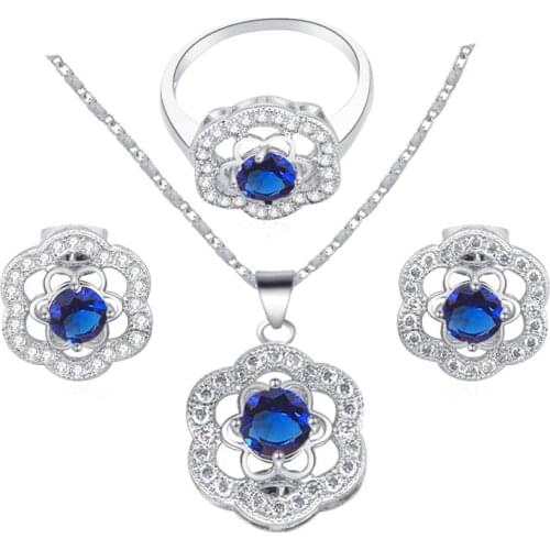 Top quality Blue flower Zircon silver plated Fashion jewelry AAA zircon Jewelry Sets Earrings Necklace rings sz #7 #8 #9 JS554