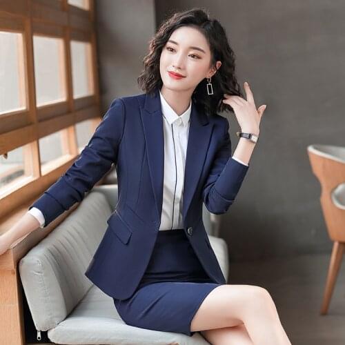 Formal Navy Blue Blazer Women Skirt Suits 2 Piece Skirt and Jacket Sets Ladies Work Wear Business Clothes