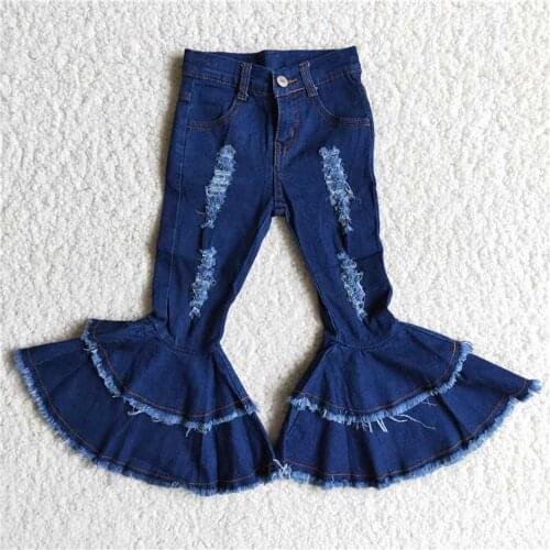 High quality kids new style jeans fashion girl Double-layer jeans little girls Ripped jeans bellpants with ruffles