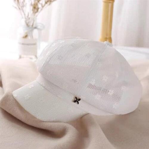 Women Caps with M Metal Sign Lace Floral Solid Newsboy Caps 2021 New Summer Octagonal Hat for Ladies White Black