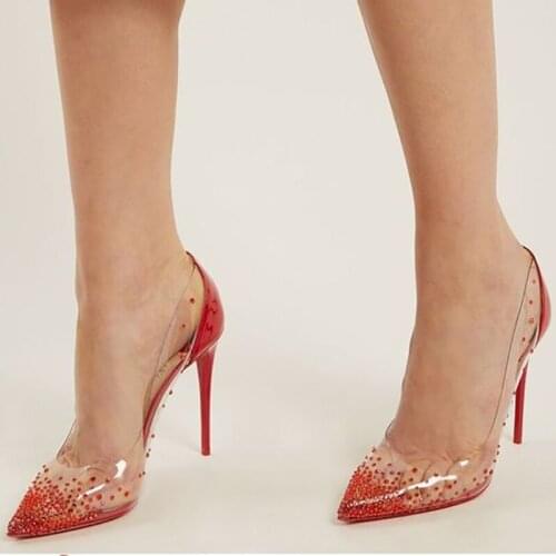 Women Wedding Shoes Bride Pointy Toe Clear PVC Crystal Pumps Slip On High Heeled Stiletto Ladies Shoes Bling Fashion For Marry