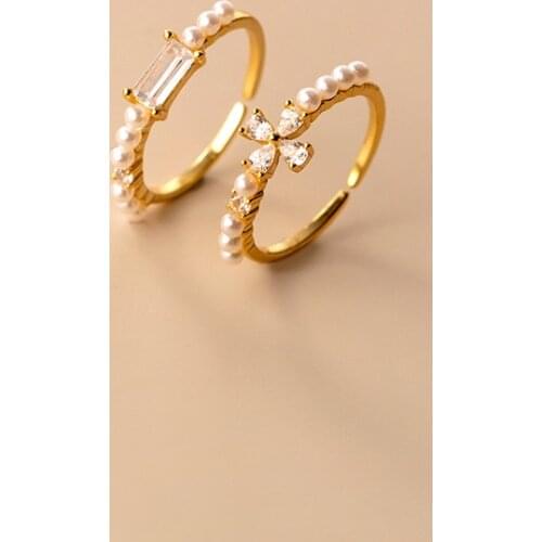 MloveAcc 925 Sterling Silver Sweet Square Zircon Four Petal Flower Pearl Open Finger Ring for Women Romantic Wedding Fine Jewelr