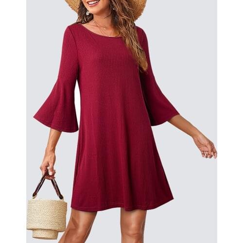 Women Summer Casual Scoop Neck Flare Sleeve Loose Straight Mini Dress HT017