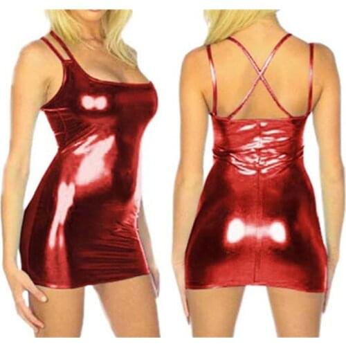 Strap Patent Leather PU Dress Women Package Hip Sexy Mini Dress Night Club Wear Shiny Fantasy Dress DS Bar Costume
