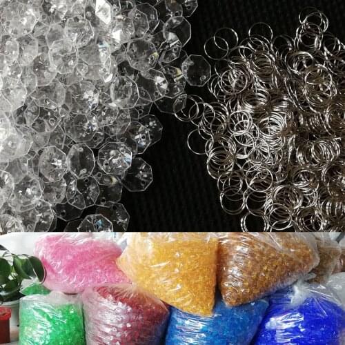 500pcs Beads 14mm and 500pcs Ring 11mm, Acrylic Crystal Garland Prisms Octagonal Beads Lamp Chandelier Parts Pendant Decoration