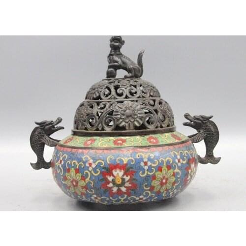 9" Tibet Bronze Cloisonne Foo Dog Lion Unicorn Dragon Fish Incense Burner Censer