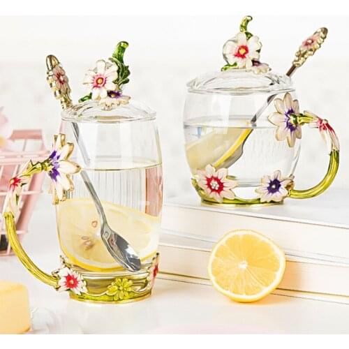 Beauty Daisy Enamel Coffee Cup Mug Flower Tea Glass Cups for Hot and Cold Drinks Tea Cup Spoon Set Perfect home office Gift